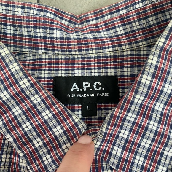A.P.C. Paris red white blue plaid button down shirt size L - Picture 3 of 5